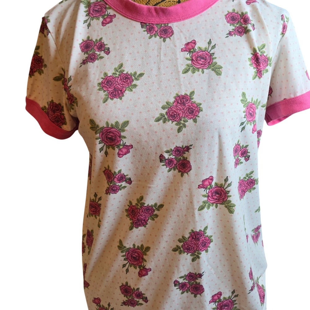 LuLaRoe Pink Rose Floral Polka Dot Ringer Tee Short Sleeve Top Small